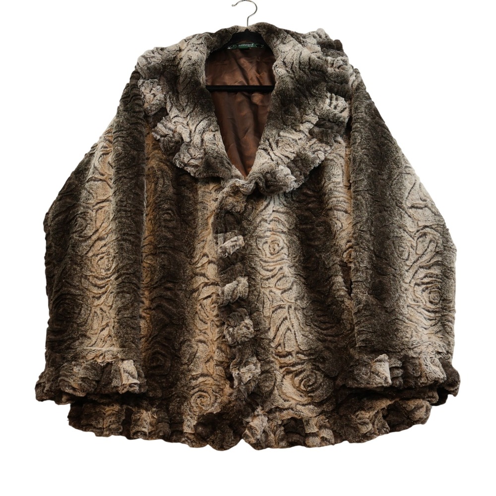 Damselle Women XL Jacket Brown Faux Fur Rose Textured Ruffle Trim Open Front